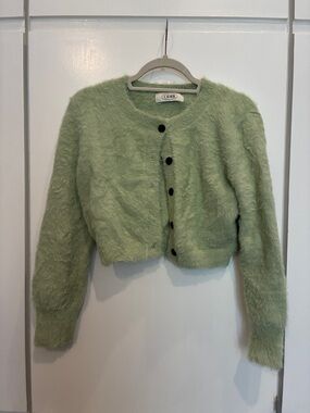 Cider Fuzzy Cropped Cardigan in Light Sage, Cotton Cashmere